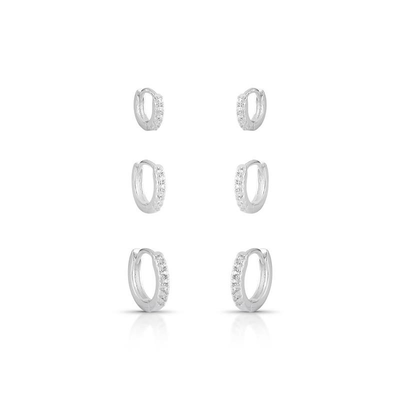 BRINCOS TRIO CLICK CRAVEJADOS PRATA 925 - CRISTAL