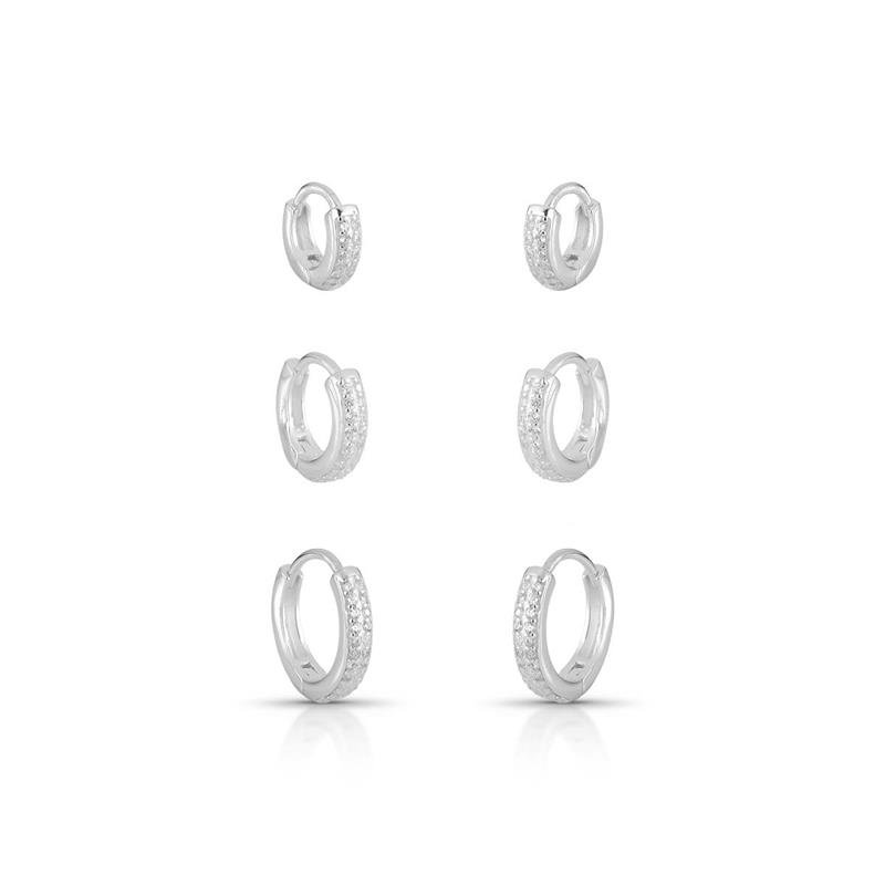 BRINCOS TRIO CLICK CRAVEJADOS PRATA 925 - CRISTAL