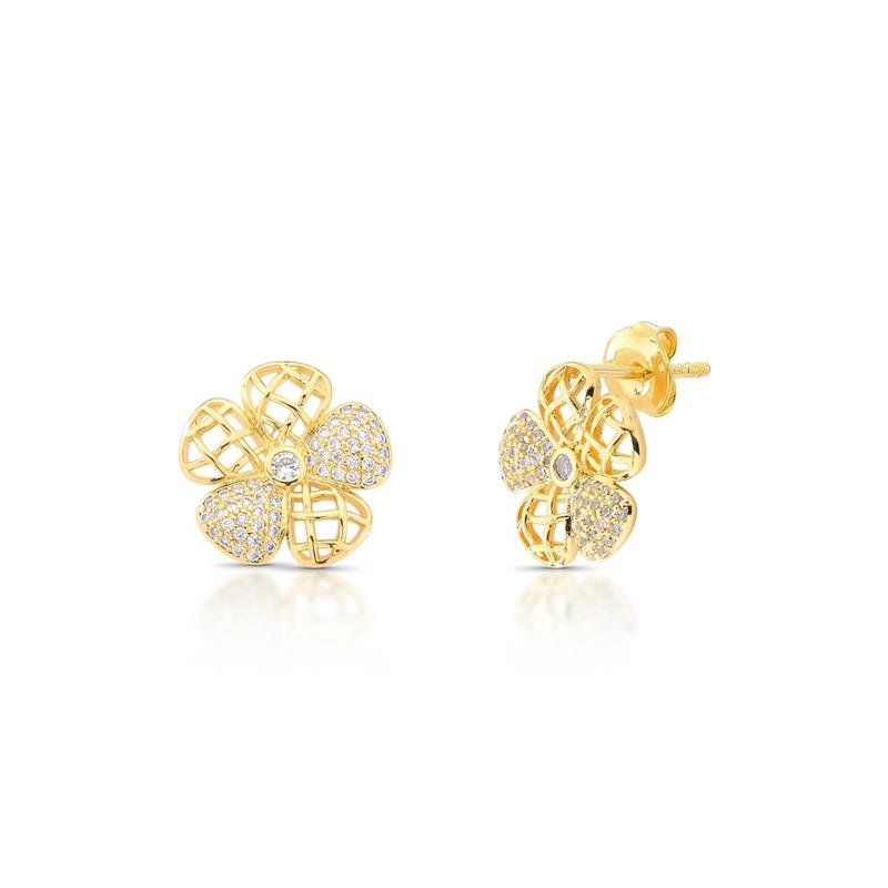 BRINCO FLOR CRAVEJADA BANHADO OURO - CRISTAL