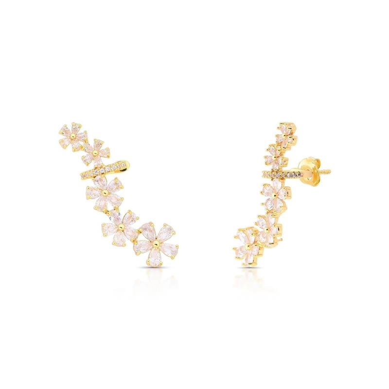 BRINCO EAR CUFF FLORES BANHADO OURO - CRISTAL