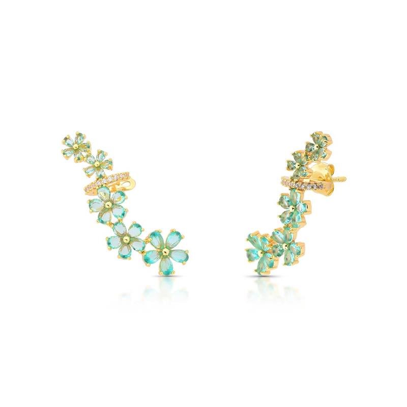 BRINCO EAR CUFF FLORES BANHADO OURO - VERDE