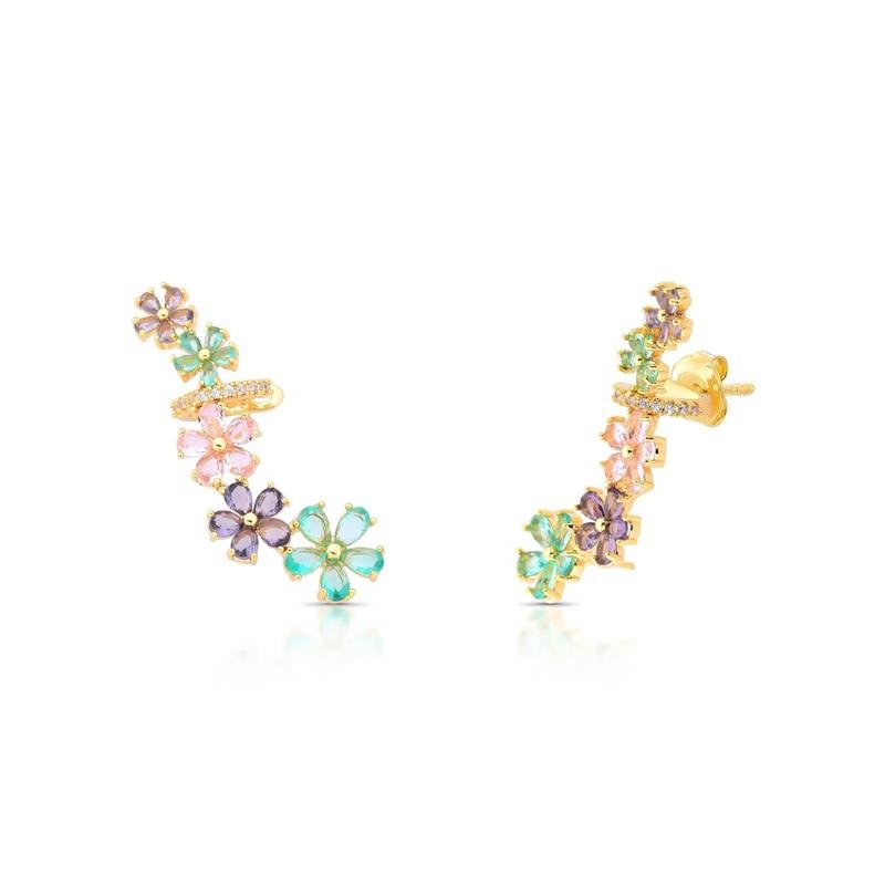 BRINCO EAR CUFF FLORES BANHADO OURO - COLORIDO