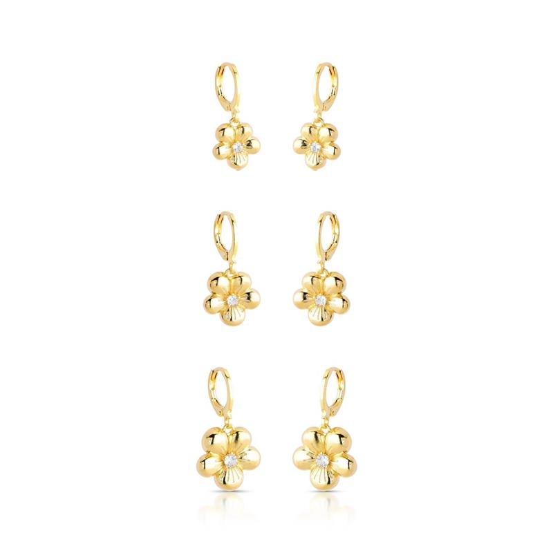 BRINCOS TRIO FLORES BANHADO OURO - CRISTAL