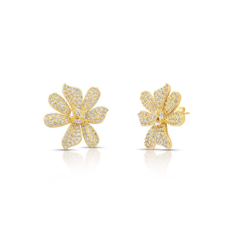 BRINCO FLOR CRAVEJADA BANHADO OURO - CRISTAL