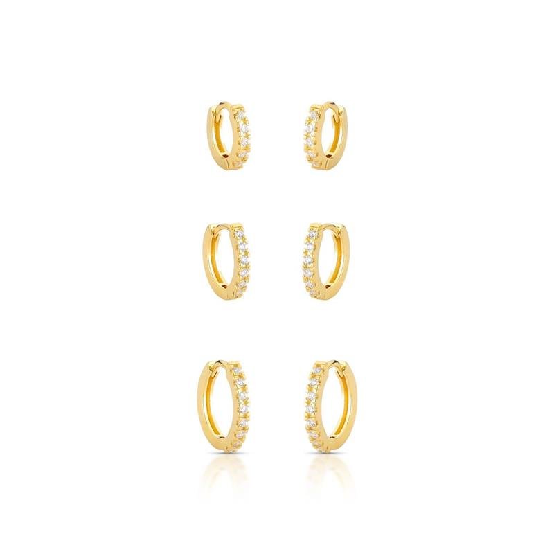 BRINCOS TRIO ARGOLA CLICK CRAVEJADA BANHADO OURO - CRISTAL