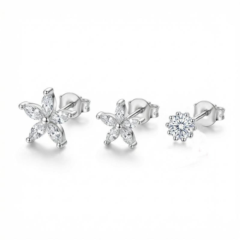 BRINCOS TRIO FLOR PRATA - CRISTAL