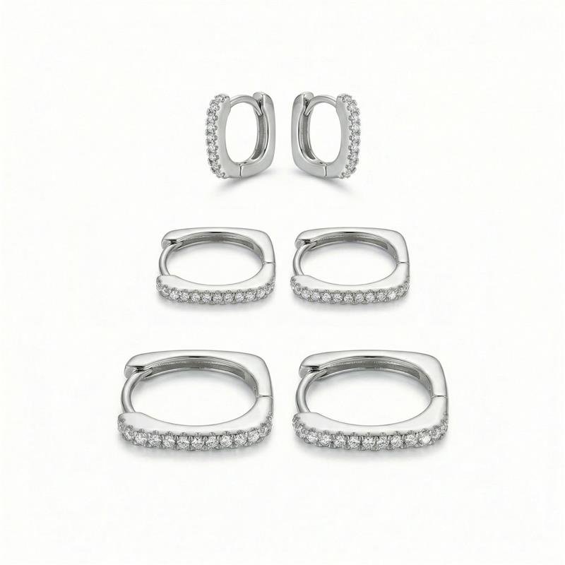 BRINCOS TRIO CLICK QUADRADO BANHADO RÓDIO - CRISTAL