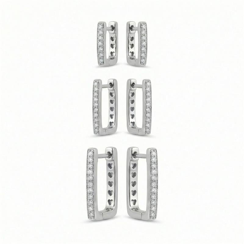 BRINCOS TRIO CLICK RETANGULAR BANHADO RÓDIO - CRISTAL