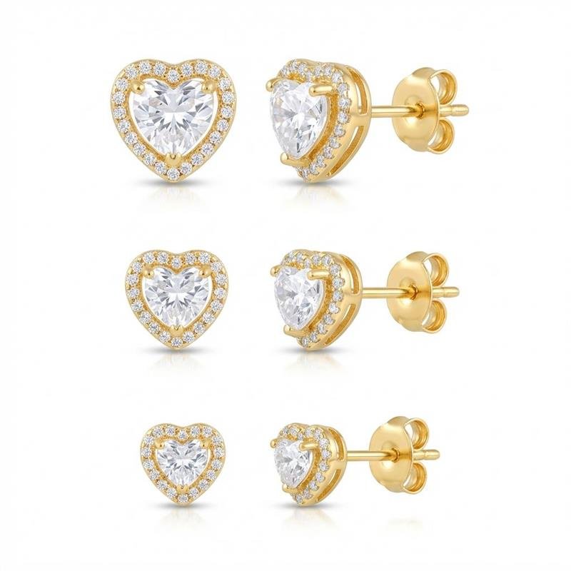 BRINCOS TRIO CORAÇÕES BANHADO OURO - CRISTAL