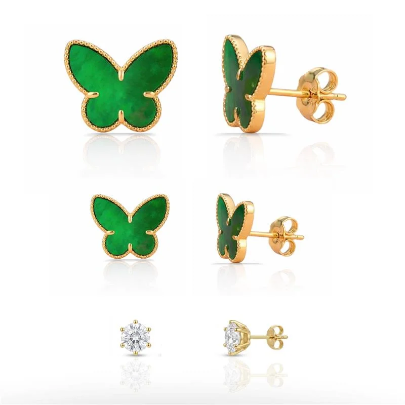 BRINCOS TRIO BORBOLETAS BANHADO OURO - VERDE
