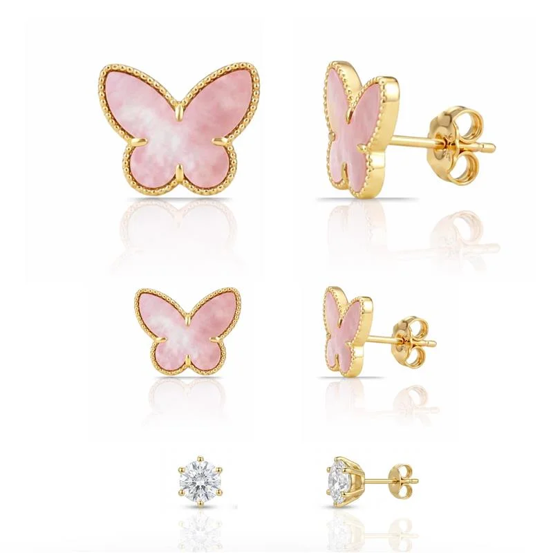 BRINCOS TRIO BORBOLETAS BANHADO OURO - ROSA