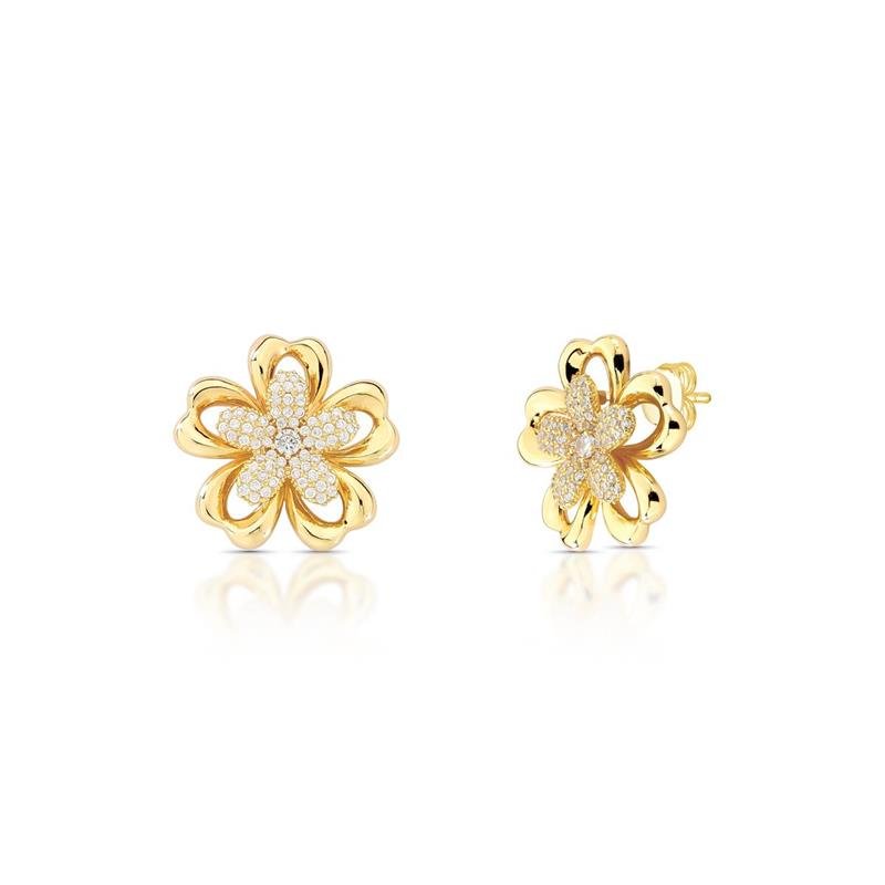 BRINCO FLOR CRAVEJADA BANHADO OURO - CRISTAL