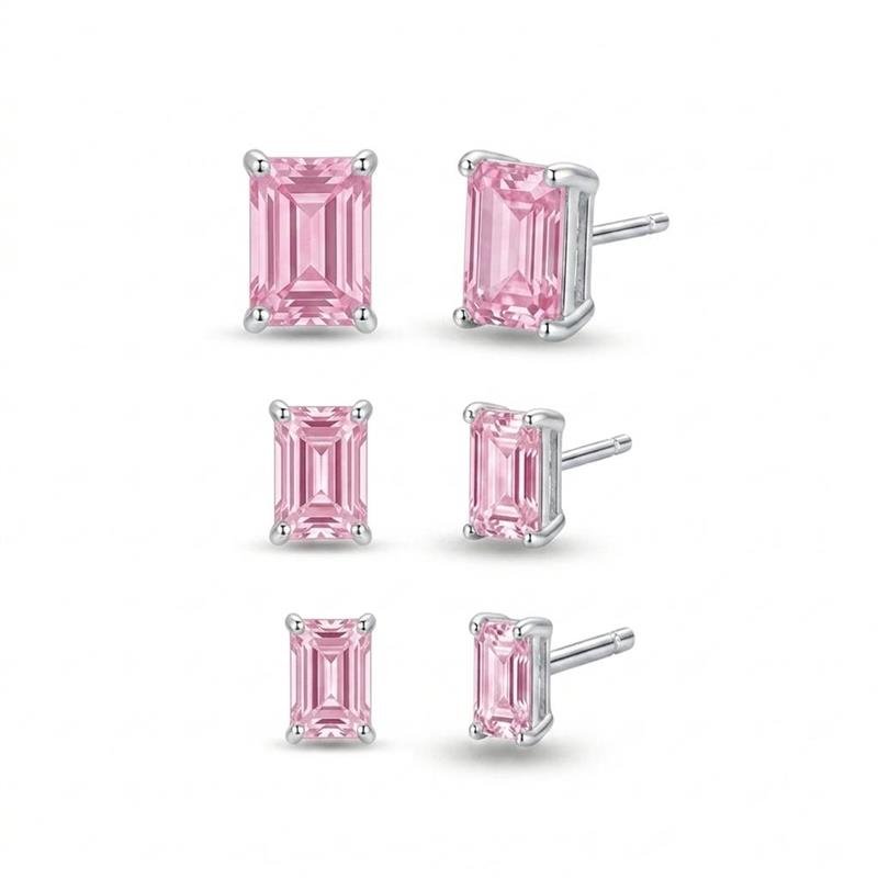 BRINCOS TRIO PEDRAS RETANGULARES BANHADO PRATA - ROSA