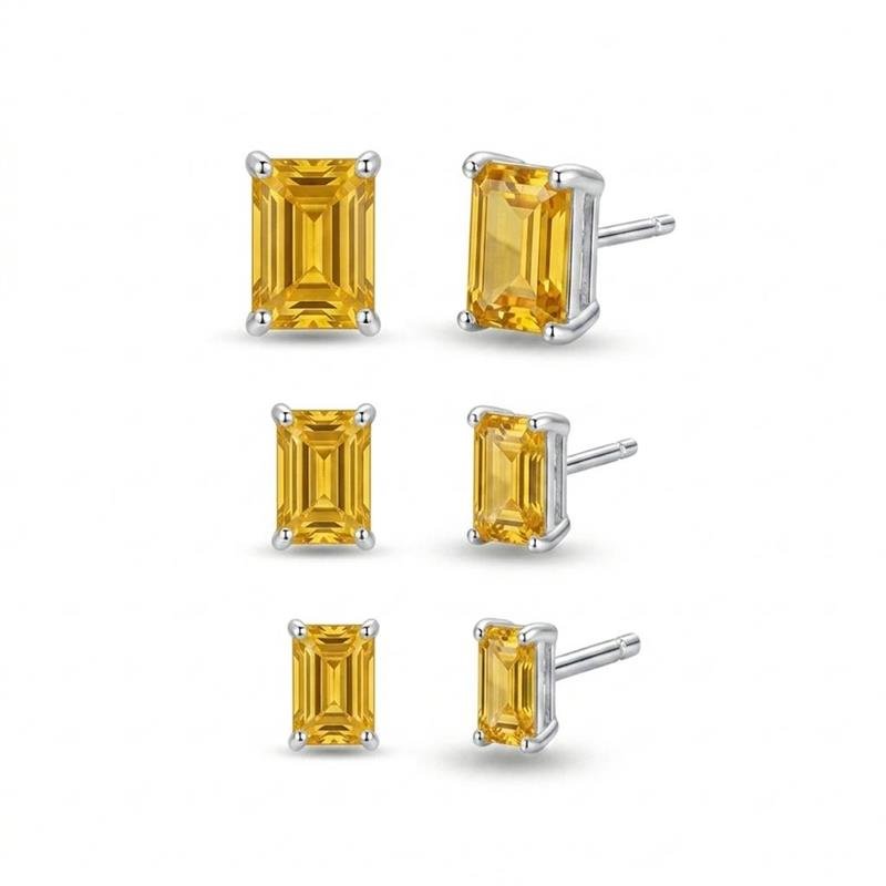 BRINCOS TRIO PEDRAS RETANGULARES BANHADO PRATA - AMARELO 