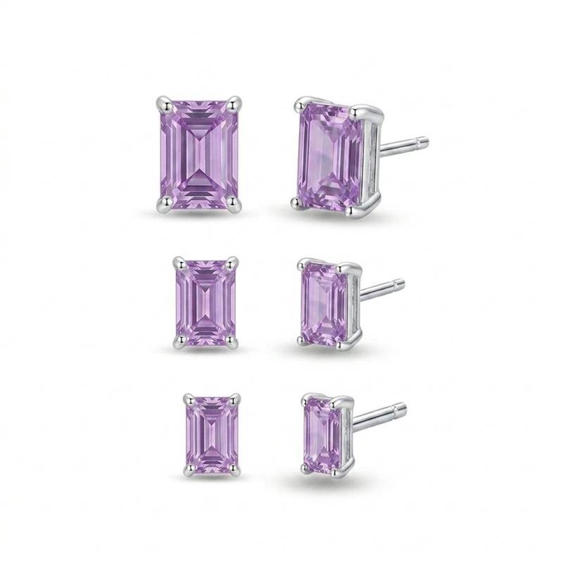 BRINCOS TRIO PEDRAS RETANGULARES BANHADO PRATA - LILAS
