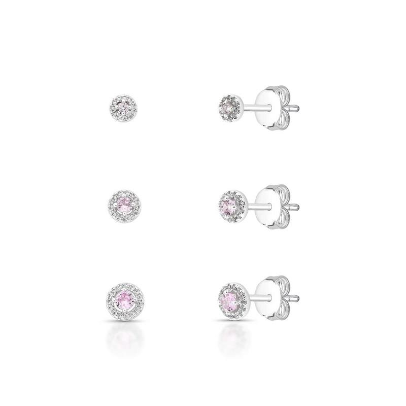 BRINCOS TRIO CRAVEJADO BANHADO PRATA - ROSA