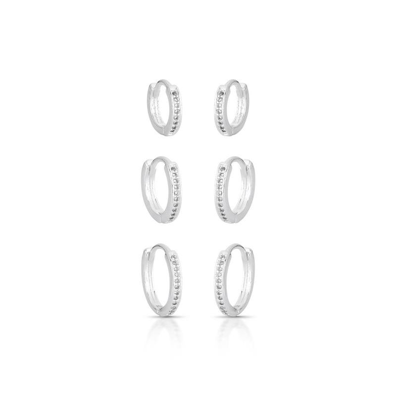 BRINCOS TRIO CLICK CRAVEJADO PRATA 925 - CRISTAL