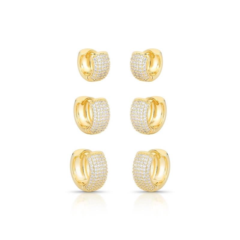 BRINCOS TRIO CLICK CRAVEJADOS BANHADO OURO - CRISTAL