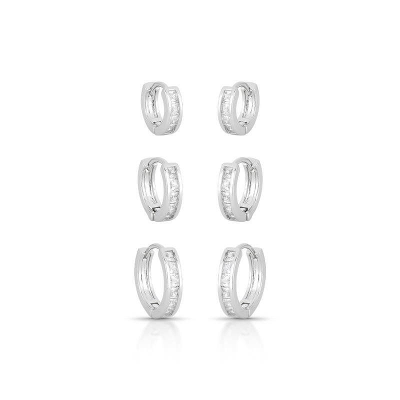 BRINCOS TRIO ARGOLAS CLICK CRAVEJADAS BANHADO RÓDIO - CRISTAL
