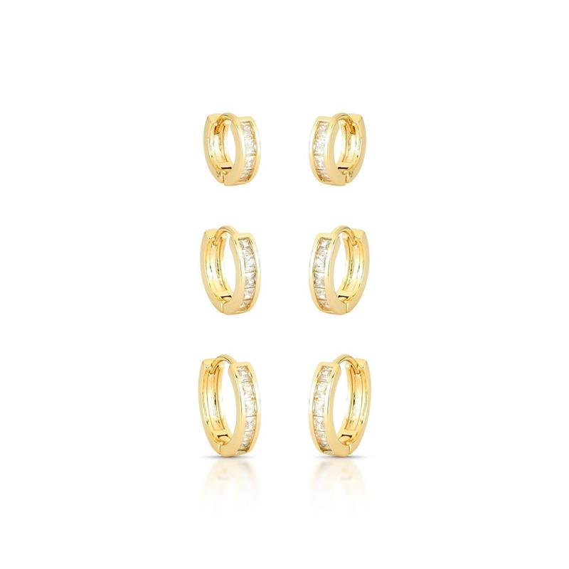 BRINCOS TRIO ARGOLAS CLICK CRAVEJADAS BANHADO OURO - CRISTAL