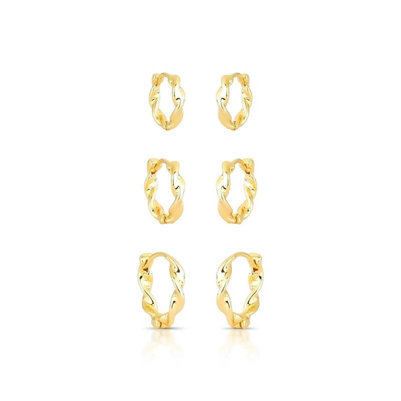 BRINCOS TRIO ARGOLAS CLICK TORCIDAS BANHADO OURO - .