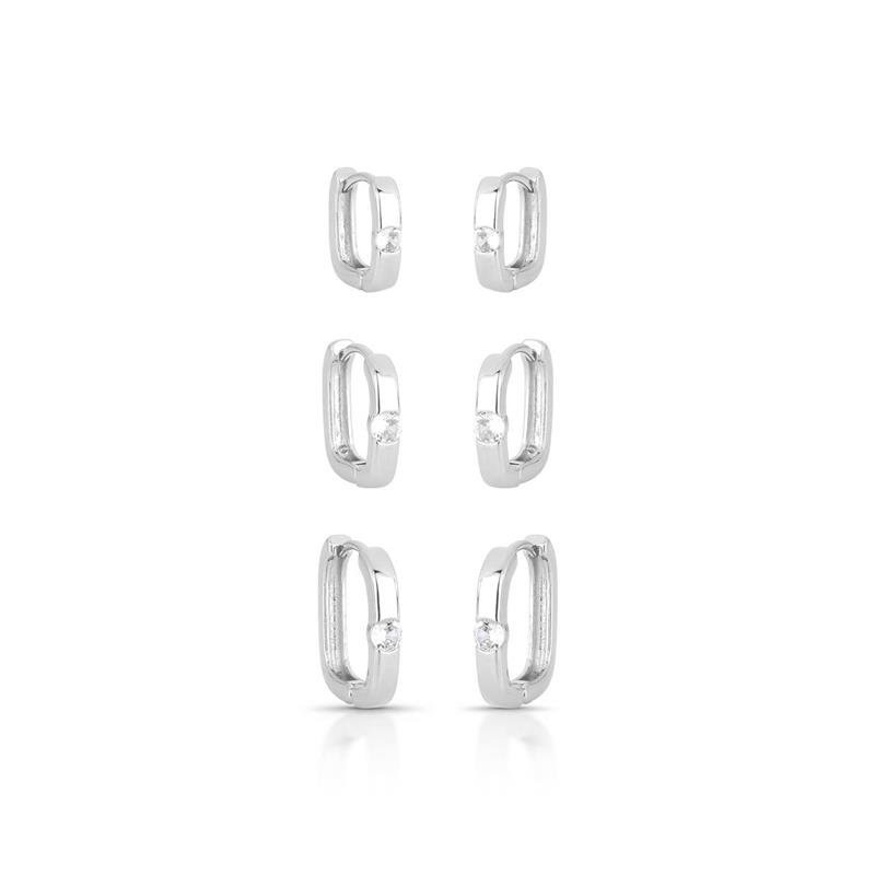 BRINCOS TRIO CLICK QUADRADOS BANHADO RÓDIO - CRISTAL