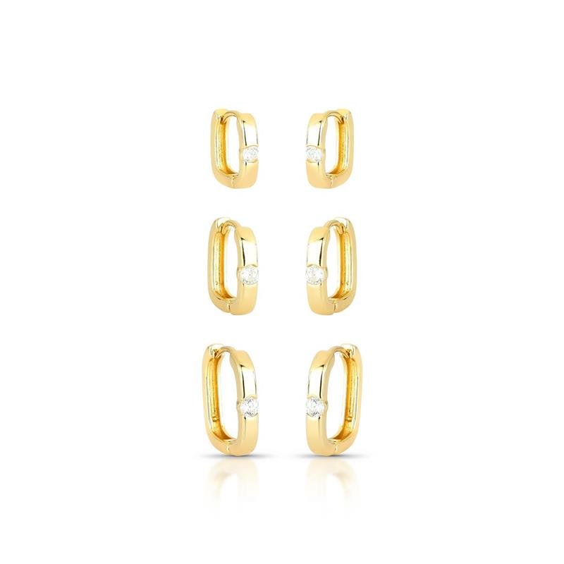 BRINCOS TRIO CLICK QUADRADOS BANHADO OURO - CRISTAL