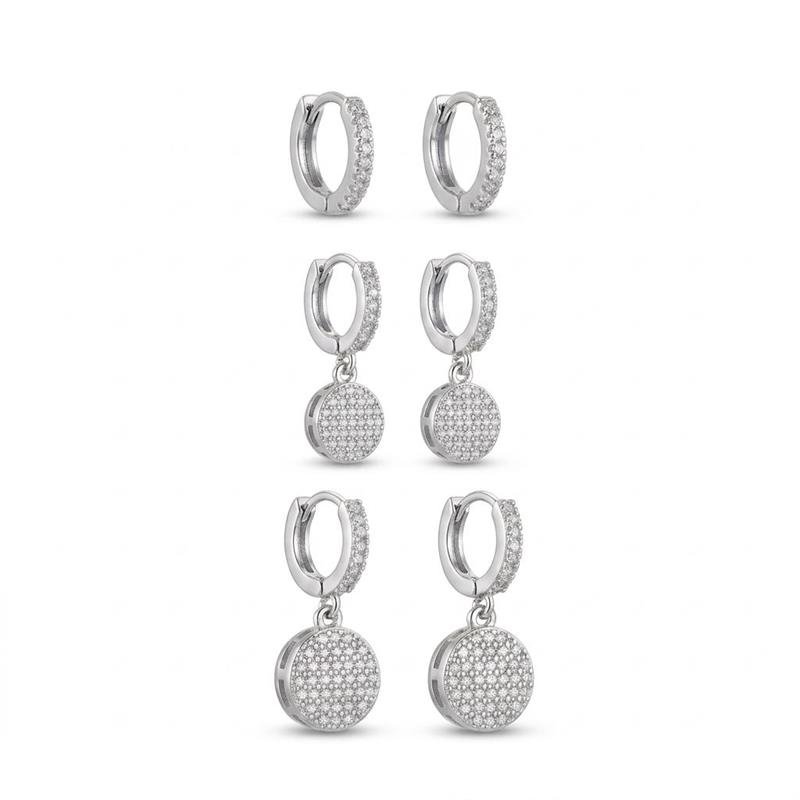 BRINCOS TRIO CRAVEJADO BANHADO RODIO - CRISTAL