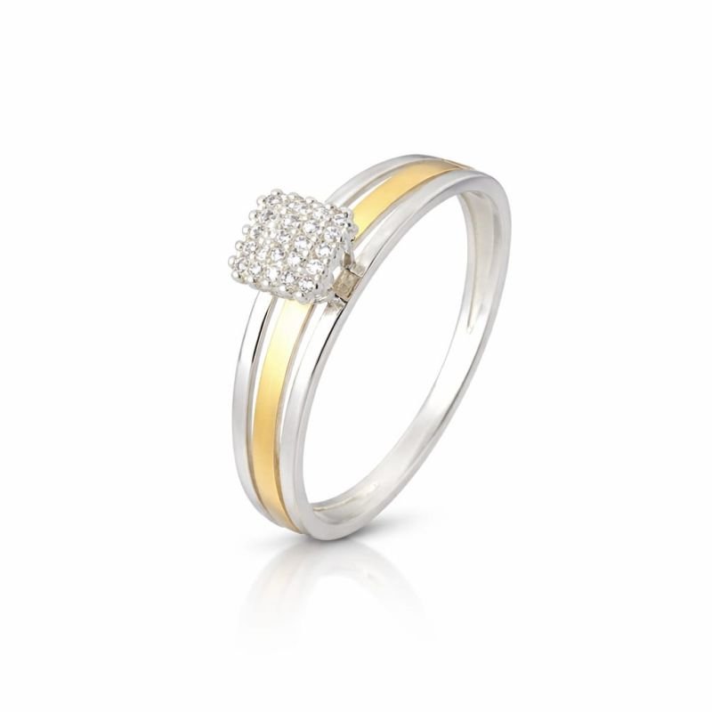 ANEL CHUVEIRINHO QUADRADO FILETE DE OURO 10K/ PRATA 925 - CRISTAL
